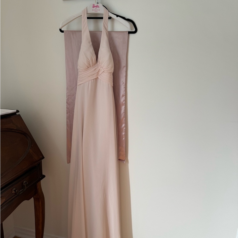 Azazie LongTessie Dress in “Rose Petal” women’s 2 pink chiffon wedding V Neck - Picture 4 of 9